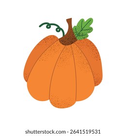 Orange pumpkin with leaf. Hand drawn vegetable in flat style. Autumn harvest and Halloween symbol. Vector illustration isolated on white background.