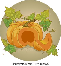Orange pumpkin with leaves the middle is visible and a piece is cut off