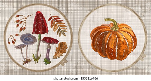 Orange pumpkin and mushrooms. Dark autumn forest. Fairy tale art. Embroidery collection. Template tambour frame with a canvas, elements from stitches. Art for clothes 