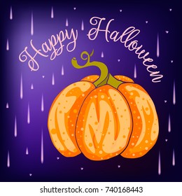 Orange pumpkin at the night sky and rain drops. Happy Halloween. Vector