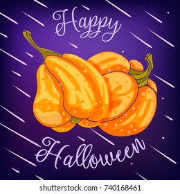 Orange pumpkin at the night sky and rain drops. Happy Halloween. Vector