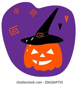 Orange pumpkin on Halloween in a black witch hat and two hearts on a purple background