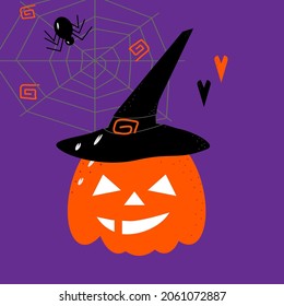 Orange pumpkin on Halloween in a black witch hat with cobwebs, spider and hearts. Vector illustration