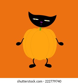 Orange pumpkin on two black legs and two black hands with black cat head on green neck isolated on bright orange background. Halloween decoration vector element