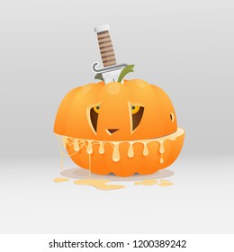 orange pumpkin on white background was divided to two pieces by a big knife and flowing slime.a large knife holds two half pumpkins.concept is halloween holiday