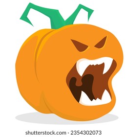 Orange pumpkin with open mouth like a snarling beast. pumpkin with sharp  teeth. Vampire jaw at a pumpkin. Halloween symbol. Vector graphics. Flat design, cartoon style