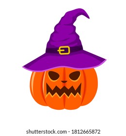 Orange pumpkin in a purple witch hat.Pumpkin in a witch hat isolated on a white background. Stock vector illustration. Illustration for the holiday Halloween.