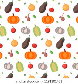 orange pumpkin, red apple, green pepper, eggplant purple, white garlic, onion zhely, burgundy plum on a white background
