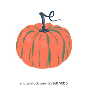 Orange pumpkin in retro style isolated on white background. Fall harvest gourd. Symbol of Halloween, autumn, crop, thanksgiving day, fruitful year.
