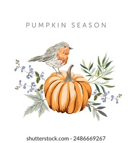 Orange pumpkin, robin bird, maple leaves, white background. Design template with text. Vector illustration. October harvest. Fall season print