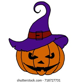 Orange pumpkin with scary face. Old lilac hat. Hand Drawn Halloween Set.
