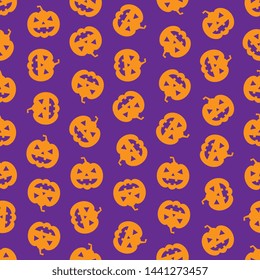 orange pumpkin scary faces seamless pattern on purple background. abstract vector mosaic for holiday banners, posters, invitations. eps 10