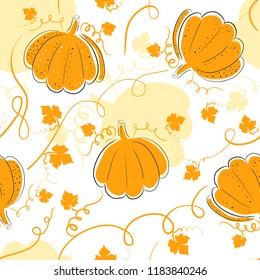 Orange pumpkin seamless pattern on white background. Autumn color backdrop for halloween party, fall season decor