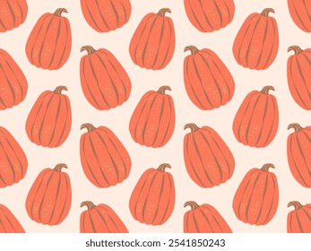 Orange pumpkin seamless pattern on light background. Vector illustration in a minimalist flat style. Thanksgiving, harvest, autumn season fabric textile, packaging, wrapping paper, wallpaper design