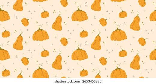 Padrão sem emenda de abóbora laranja no fundo bege. Fundo de vetor para têxtil, impressão, cartão, banner, papel de embrulho, outono e design de festival de colheita