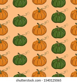 Orange pumpkin seamless pattern. Thanksgiving card. Autumn wallpaper. Orange background. October harvest background. Vector hand drawn cute illustration. Background decoration.
