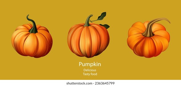 Orange pumpkin, set 3d. Halloween and Thanksgiving. Whole, raw pumpkin, autumn harvest. Holiday banner design, kitchen page, delicious vegetable, tasty food. Vector 3d illustration, icon isolated. 