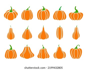 Orange Kürbis. Satz von Silhouetten verschiedener Kürbis. Schwarze Silhouetten von Kürbissen. Einzeln auf Weiß