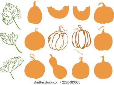 Orange pumpkin silhouettes and leaves isolated on white background. Line pumpkins and leaves.