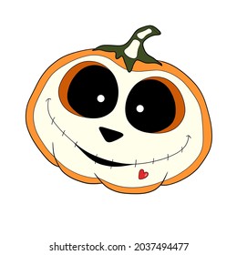An orange pumpkin skeleton with a smile and a red heart for your Halloween design. Autumn harvest. A pumpkin monster with a sewn-up mouth, carved black eyes and a nose. Vector illustration