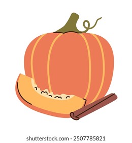 Orange pumpkin, slice of pumpkin, cinnamon stick isolated on white background. Season vector illustration of pumpkin spice.