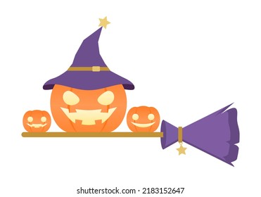 Orange pumpkin smile wearing purple witch hat on broom magic flying Halloween flat vector design.