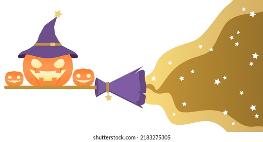 Orange pumpkin smile wearing purple witch hat on broom magic flying with golden smoke and white stars Halloween flat vector design.