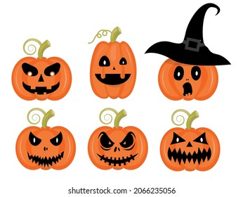 Orange pumpkin with smile and witch hat for your design for the holiday Halloween on white background. Vector illustration