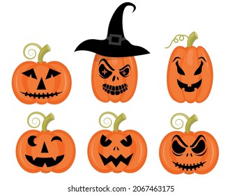 Orange pumpkin with smile and witch hat for your design for the holiday Halloween on white background. Vector illustration