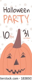 Calabaza naranja con sonrisa para tu diseño para la fiesta de Halloween. Ilustración de vectores planos de tarjetas de felicitación de decoración tradicional. Felices letras de Halloween. Caligrafía de vacaciones para carteles, afiches, 