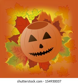 an orange pumpkin with some leafs around it in a yellow background