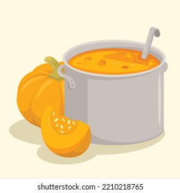 Orange Pumpkin Soup in Cooking Pot Vector Illustration | Whole Pumpkin and Quarter Pumpkin | Seasonal Autumn Soup Dish | Flat Design Isolated | Thanksgiving Day Dinner Meal