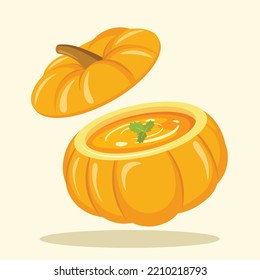 Sopa de calabaza naranja en calabaza con vectores de crema Ilustración | Plato estacional de sopa otoñal | Diseño plano aislado | Día de Acción de Gracias | Comida de Acción de Gracias |Halloween