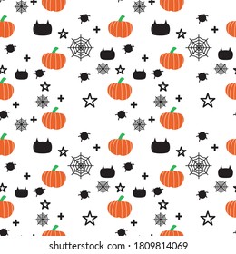 Orange Pumpkin spider web cat stars pattern. Pumpkin wallpaper background for Harvest festival, Thanksgiving day or Halloween. Seamless PatternVector illustration 2020