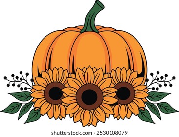 Orange Pumpkin with Sunflowers and Green Leaves Illustration