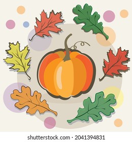 Orange pumpkin. Surrounded with coloured leaves