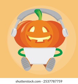 An Orange Pumpkin using laptop