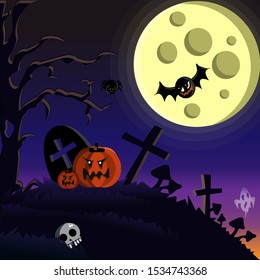 Orange pumpkin vector illustration. Autumn celebration. Halloween poster. Spooky halloween decoration element. Vector design. Black spider. Horror, scary halloween decoration.