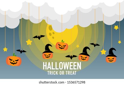 Orange pumpkin vector illustration. Autumn celebration. Halloween poster. Spooky halloween decoration element. Vector design. Black spider. Horror, scary halloween decoration.