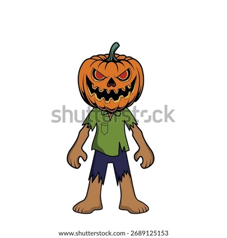 Orange pumpkin vector illustration design with scary facial expression and zombie-like body, very suitable for Halloween content and celebrations.
