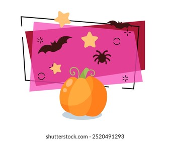 Orange pumpkin vector illustration. Flying bats and stars on background. Halloween banner design. Celebration, holiday, harvest concept. Can be used for poster or invitation