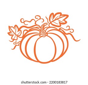 Orange pumpkin vector silhouette outline stencil,leaves and stem.Fall.Symbol of October Harvest festival.Halloween.Hello autumn.Line art contour drawing.Cricut plotter laser cut.Print.Sticker.DIY