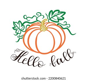 Orange pumpkin vector silhouette outline stencil,green leaves,stem.Hello Fall.Symbol of October Harvest festival.Halloween.Autumn.Line art contour drawing .Cricut plotter laser cut.Print.Sticker. DIY