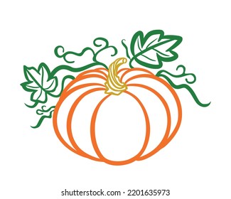 Orange pumpkin vector silhouette outline drawing illustration.Hello Fall.Symbol of October Harvest festival.Halloween.