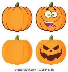 Orange Pumpkin Vegetables Cartoon Design. Vector Collection Isolated On White Background