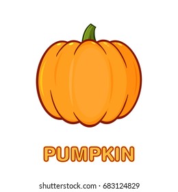Orange Pumpkin Vegetables Cartoon Drawing Simple Design. Vector Illustration Isolated On White Background With Text Pumpkin