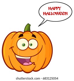 Orange Pumpkin Vegetables Cartoon Emoji Face Character With Expression. Vector Illustration Isolated On White Background With Speech Bubble And Text Happy Halloween