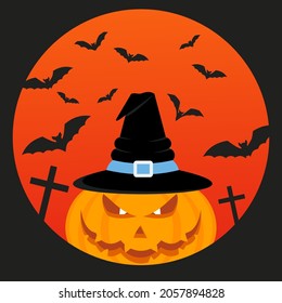 Orange pumpkin wearing a witch hat. Halloween character. Halloween party poster. Flat cartoon vector illustration.