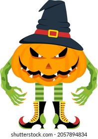 Orange pumpkin wearing a witch hat. Halloween character. Halloween party poster. Flat cartoon vector illustration on white background.