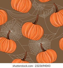 orange pumpkin and white  spiderweb, net, cobweb behind, original halloween seamless pattern texture